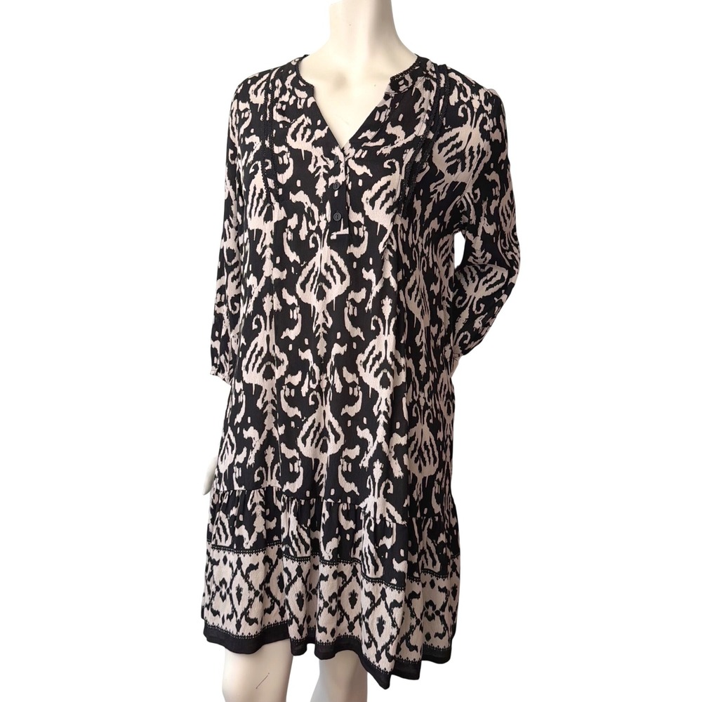 Tribal Dress Ikat Damask Print Crochet Lace Trim Tiered Viscose Rayon Boho Sz M